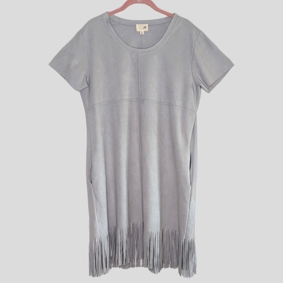 Joh Faux Genuine Suede Short Sleeve Western Bottom Fringe Dress Light Gray M - Picture 3 of 15